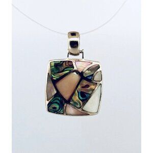 Vintage 925 Sterling Silver Abalone & Mother of Pearl Inlay Mosaic Pendant 3.3g